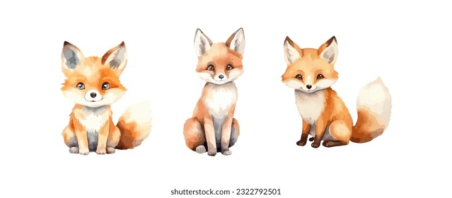 Cute fox watercolor isolated on white background. Set of wild fox animal vector illustration