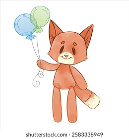 Cute fox in watercolor style. Watercolor vector illustration. Fox holds balloons.Hand drawing.