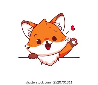 Cute Fox waving hand for greeting. Adorable kawaii animal character isolated on white background.