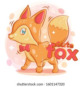Cute Fox wear a Red Ribbon with Smile.Colorful Cartoon Illustration. Vector eps.10