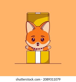 Cute fox wearing christmas scarf out of the gift box