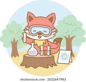 Cute fox wearing goggles and holding test tubes while experimenting in a colorful outdoor forest lab, part of a summer learning activity