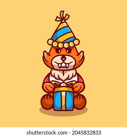 cute fox wearing hat and birthday present, suitable for happy new year or birthday t-shirt designs and cute animal mascots