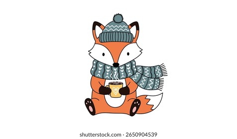 Cute fox wearing a hat and scarf holding a cup of hot chocolate