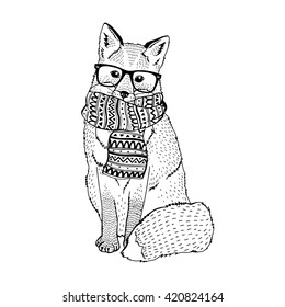 cute fox wearing hipster glasses and ornate scarf, decorative animal illustration, silk screen print