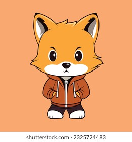 Cute fox wearing a jacket, depicted in a cartoon vector icon. Isolated illustration showcasing animal fashion in a flat cartoon style.