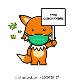 Cute fox wearing mask stop corona virus cartoon icon vector illustration. Design isolated on white. Flat cartoon style.