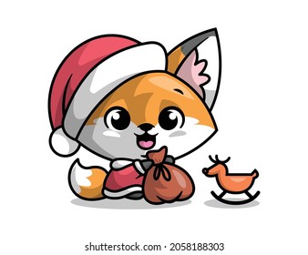 A CUTE FOX IS  WEARING SANTA COSTUME IS BRINGING A GIFT BAG. CHRISTMAS ILLUSTRATION.