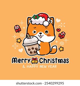 Cute Fox Wearing Santa Hat Hugging Bubble Milk Tea, Celebrate Christmas, Greeting Card