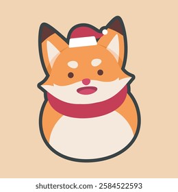 cute fox wearing santa hat and red scarf with outline flat vector design.