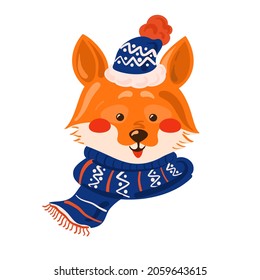 Cute fox wearing scarf, isolated on white. Christmas illustration. Cute vector animal character. 