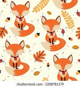 cute fox wearing scarf on autumn seamless background