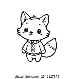 A cute fox wearing sweater, in black and white. Kawaii fox Vector art.