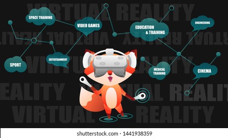 Cute fox wearing virtual reality headset, vr reality variants of usage. Vector illustration showing the fields where virtual reality can be used. Cyber black background