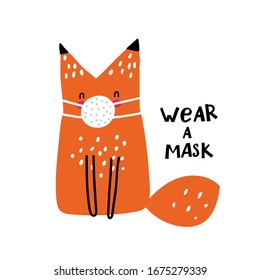 Cute fox in white medical face mask. 
