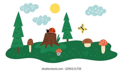 zorro lindo. El paisaje natural salvaje. Árboles forestales. Pinos y champiñones amanita. Buitre en el trasero. Panorama de la pradera de Doodle. El paisaje de campo de verano. Dibujo infantil. Vector