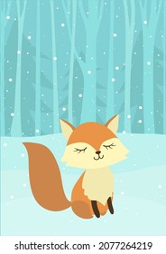 Cute fox in winter forest. Christmas illustration.Winter cold snow season.For poster, greeting card, invitation, print, illustration, banner. Simple vector illustration. Pre-made template.