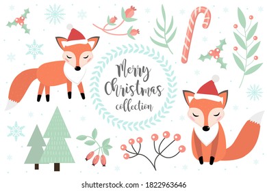El zorro lindo en el conjunto de objetos del bosque invernal. Colección de elementos de diseño con un poco de zorro en un sombrero de Santa Claus, copos de nieve y un árbol de Navidad. Postal de navidad. Vector