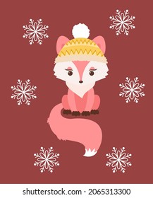 Cute fox in a winter hat. Christmas time theme. Vector illustration