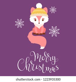 Cute fox in a winter hat. Merry Christmas hand lettering. Vector illustration
