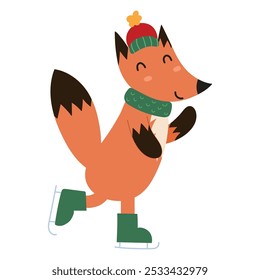 Cute fox in a winter hat skating. Adorable forest character isolated on white background. Woodland animal in cartoon style for kids design. Vector illustration