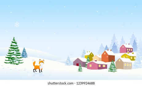 Cute fox with winter landscape vector illustration. Beautiful Christmas background.