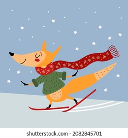 Cute fox in winter. Little fox in knitted scarf running ski in snow, activity leisure outdoor. Happy wild animal, cartoon character, flat vector illustration for kids. Idea for cards, baby poster 