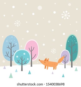 Cute fox in winter wood background.Happy holidays greeting card.