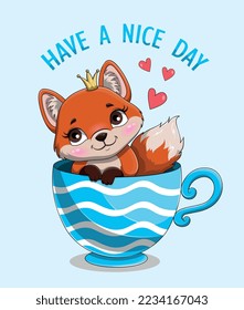 Cute fox wish. Charming character in crown stands in large blue mug. Design for invitation and greeting card. Holiday and festival, fictional character for children. Cartoon flat vector illustration