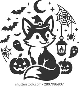 Cute fox witch with carved pumpkins and spiderwebs in nocturnal setting