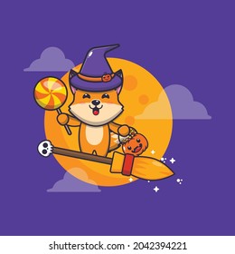 cute fox witch fly with broom in halloween night