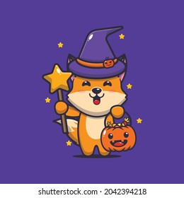 cute fox witch with magic wand carrying halloween pumpkin