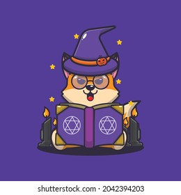 cute fox witch reading spell book