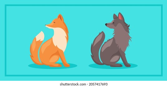 Cute Fox and Wolf in cartoon style set