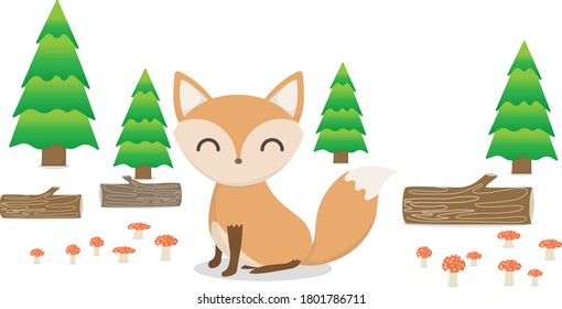 A cute fox with a wooden background and mushrooms around it