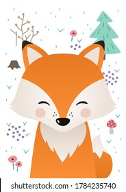 Cute fox. Woodland forest animal. Poster for baby room. Childish print for nursery. Design can be used for fashion t-shirt, greeting card, baby shower...Vector illustration.