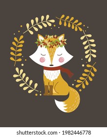 Cute fox. Woodland forest animal. Poster for baby room. Childish print for nursery. Design can be used for fashion t-shirt, greeting card, baby shower. Vector illustration.
