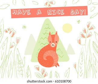 Cute fox in the woods on white background with floral elements. Vector greeting card in cartoon style for print design of children's banners, postcards, posters, booklets.