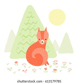Cute fox in the woods on white background with trees, sun and flowers. Vector illustration in cartoon style for print design of children's banners, postcards, posters, booklets.