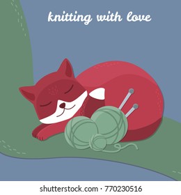 Cute fox with woollen thread and knitting needle. Kniting with love concept. Vector illustration. 