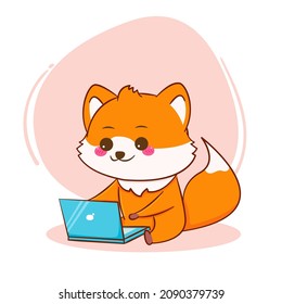 Cute fox working laptop cartoon character isolated hand drawn style