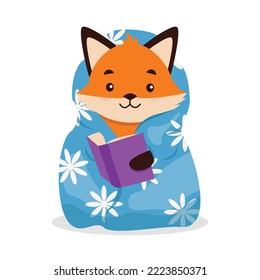 A cute fox wrapped in a blanket with a book.