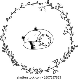 Cute fox with the wreath of branches and leaves