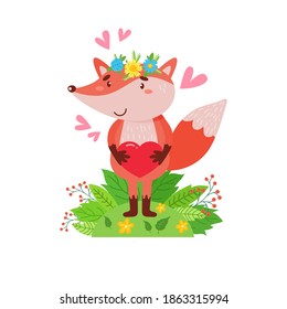 Cute fox in a wreath of flowers stands on a green lawn. Simple illustration on an isolated background. Can be used as a design for office supplies, prints on clothes.