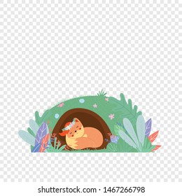 Cute fox in wreath sleeping in foxy burrow isolated on transparent background, sweet kawaii animal girl kids design, baby Cartoon flat vector hand drawn scandinavian style illustration, clip art, icon