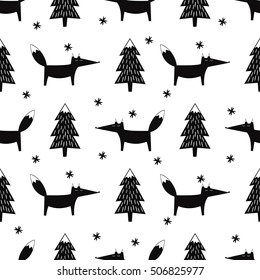 Cute fox, xmas tree and snowflake seamless pattern .Black and white forest background. Simple vector winter holidays design for textile, wallpaper, wrapping paper, fabric, decor.