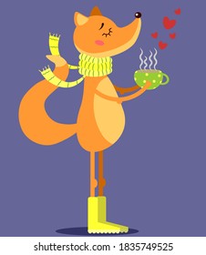 Cute fox in yellow scarf and boots with cup of tea. Vector Illustration for card, invitation, poster and flyer.