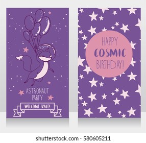 Cute fox-astronaut with balloons on starry background, funny invitation cards for cosmic birthday party, lilac and pink colors, vector illustration