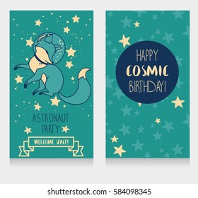 Cute fox-astronaut on starry background, funny invitation cards for cosmic birthday party, vector illustration