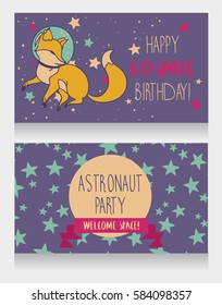 Cute fox-astronaut on starry background, funny invitation cards for cosmic birthday party, vector illustration